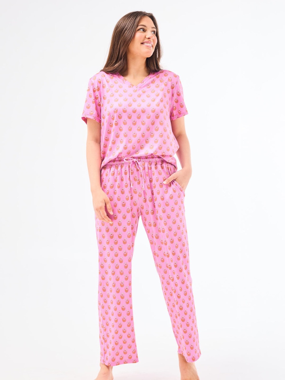 Mary Square Floral Foulard Pink Alli Short Sleeve V-Neck/Straigt Leg Pants Set